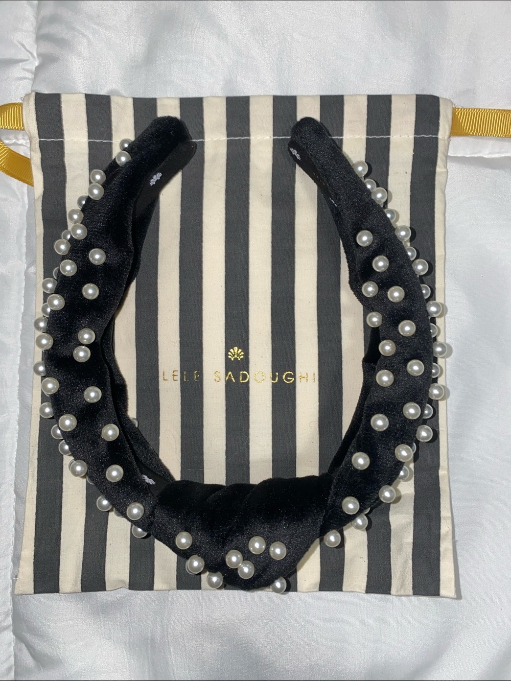 Lele Sadoughi Black Velvet Headband with Pearl Embellishments - Picture 3 of 4